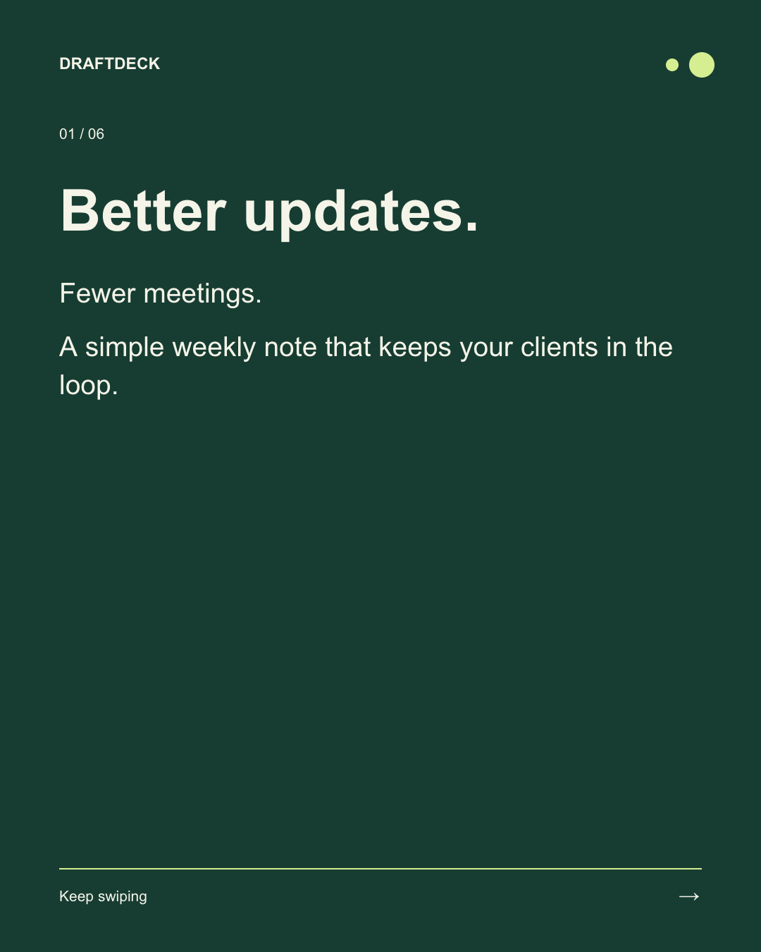 Slide 1 of 6. Better updates. Fewer meetings. A simple weekly note that keeps your clients in the loop.