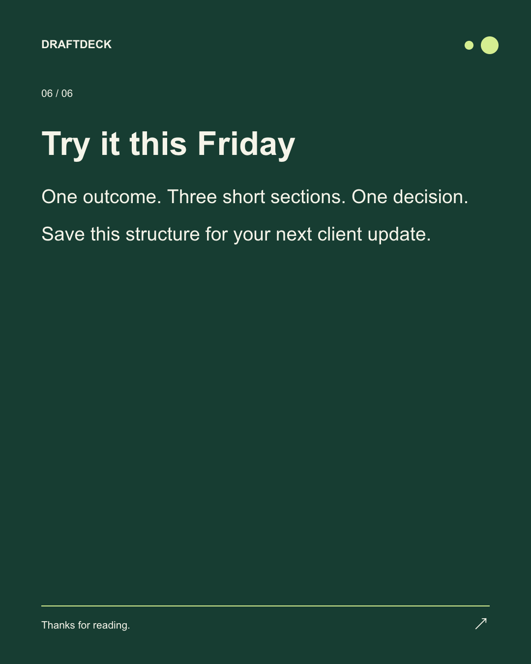 Slide 6 of 6. Try it this Friday. One outcome. Three short sections. One decision. Save this structure for your next client update.